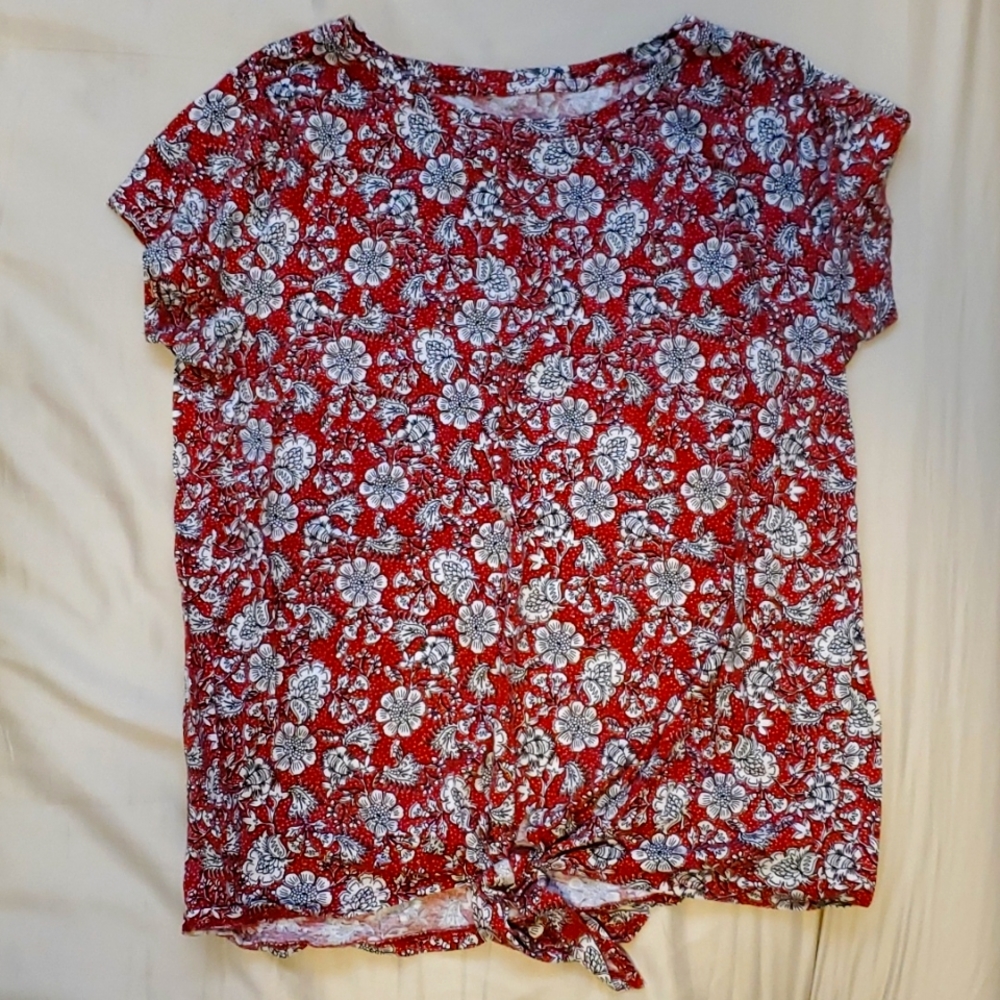 LOFT slightly cropped tie waist floral tee, Medium